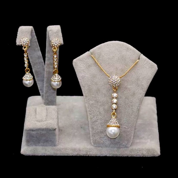 🍀New Pearl Gold Plated Jewelry Set Necklace Pendant Ear Dangle Earring - Picture 1 of 3